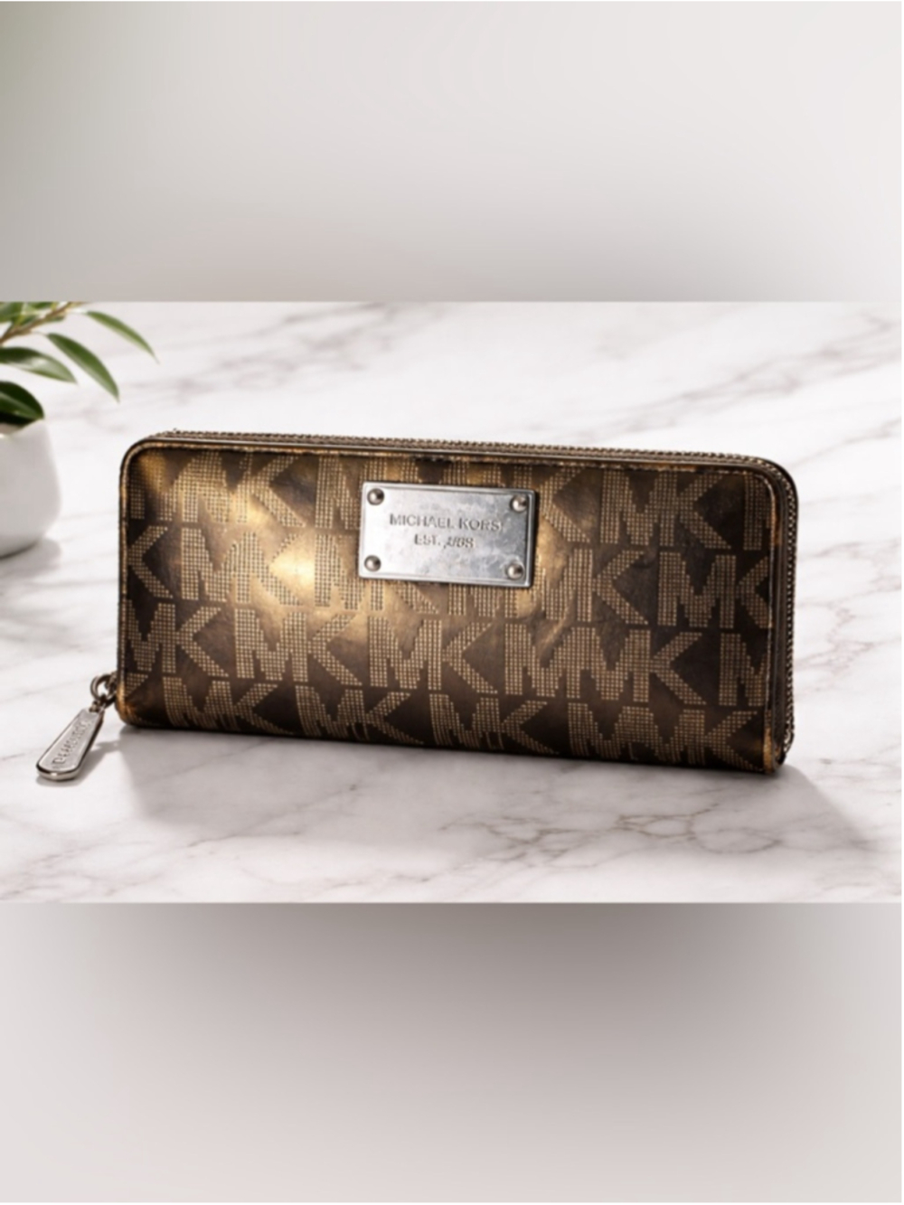 Michael Kors MK Logo Zip Around Wallet Brown Gold